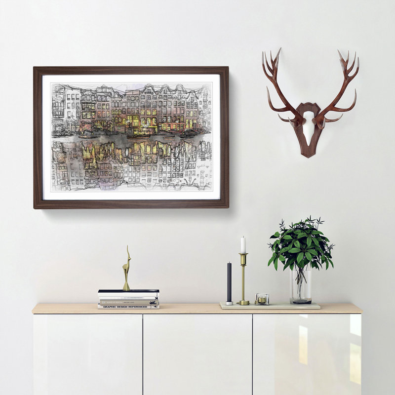 Amsterdam at Night in Abstract - Picture Frame Graphic Art Print, 62cm H x 87cm W x 2cm D, Walnut Framed