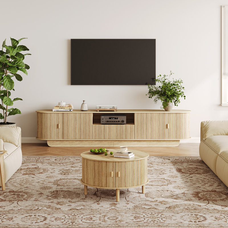 Ensemble de meuble télé cannelé et table basse, Chêne