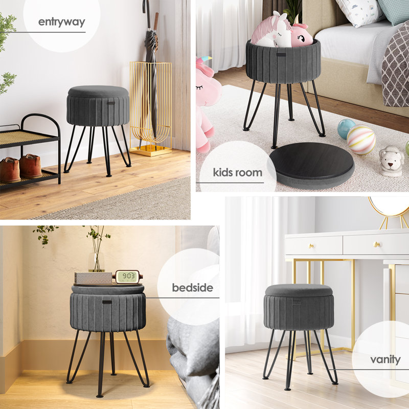 Repose-pieds rond en velours plissé avec rangement, Gris, Noir, noir, noir, noir