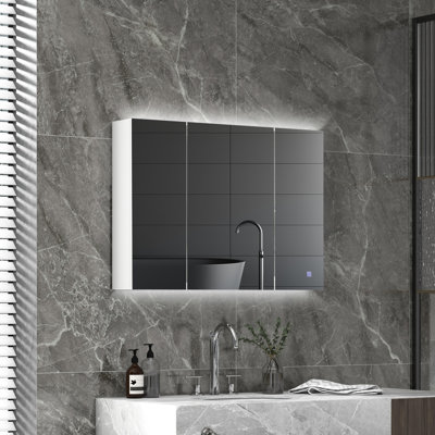 Armoire de salle de bain avec éclairage et miroir - 66 x 91 cm, blanche, fixée au mur, tablette réglable, armoire à pharmacie électrique de 65 cm (H) x 90 cm (L) x 15 cm (P), étagères électriques.