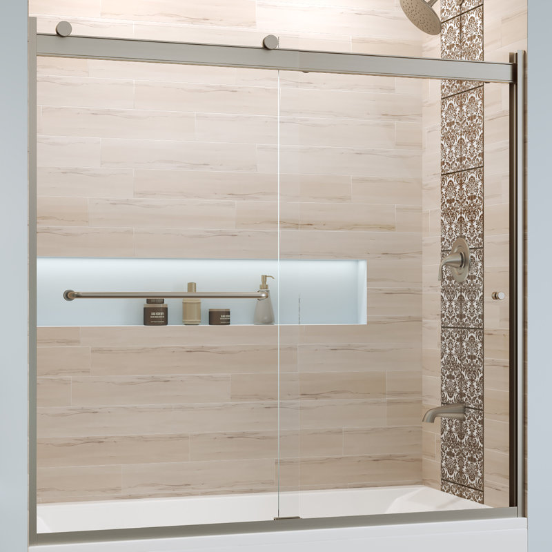Rotolo 60" W x 57" H Semi-Frameless Tub Door, Brushed Nickel, AquaGlideXP Clear