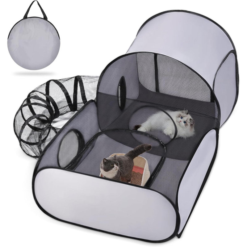 Pet Playpen With Surround Tunnel, Outdoor/Indoor Cat Playpen With Breathable Soft Sides Cat Enclosure Tent For Animals, Portable Tent With Carry Bag