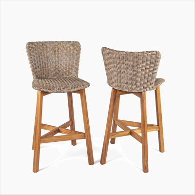 Tabouret de bar d'extérieur Lymington, bois de teck avec osier brun clair, ensemble de 2