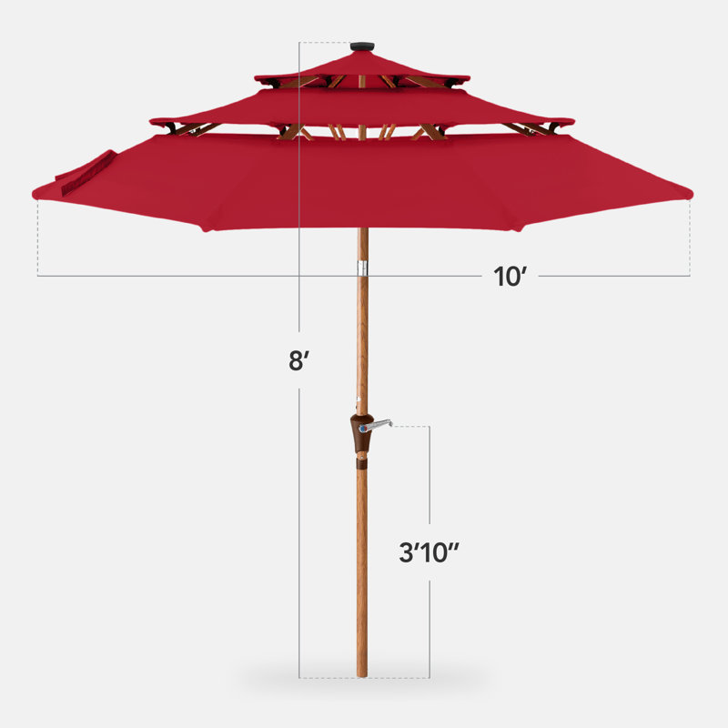  Parasol solaire à 3 niveaux à motif de grain de bois avec 24 lumières DEL inclinables - Rouge, Rouge