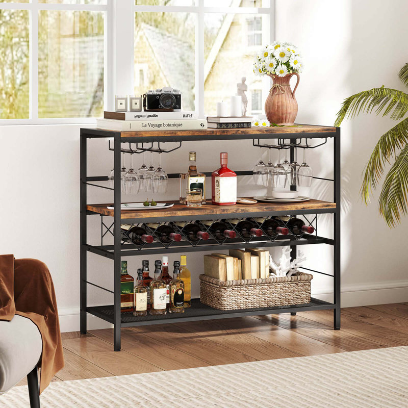 41" Wine Rack With 4 Glass Holders Wide Countertop Middle & Bottom Storage Shelves