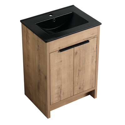 Meuble-lavabo autoportant de 24 po avec lavabo en céramique. Portes à fermeture en douceur, poignée en métal, tablette réglable. Armoire de salle de bain en contreplaqué. Lavabo noir,