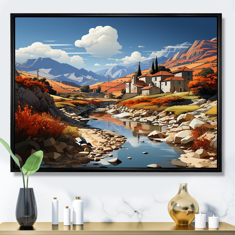 Paysage méditerranéen audacieux sur toile, Cadre flottant noir, H 30 po x l 40 po x P 1,5 po