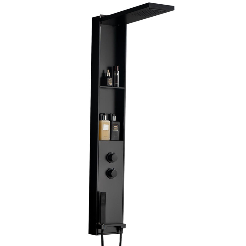 Système de panneau de douche multifonctionnel avec tablette et pomme de douche à effet de pluie en noir mat