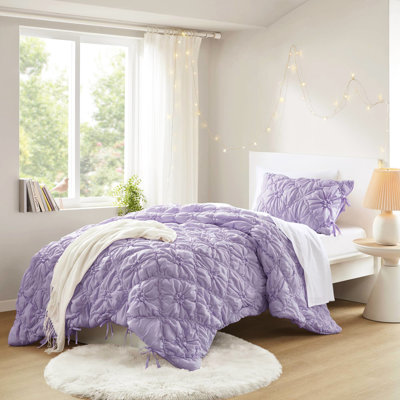 Twin Purple Floral Comforter With Relaxed Embroidery And Elastic Ruching, Soft Microfiber, Lightweight Warmth For Every Season, Ideal Young Ladies 2Pcs In Floral, With Pretty Quilting, Embroidery,