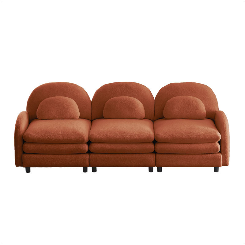 Canapé Teddy en tissu doux à 3 places, dossier incurvé et accoudoirs avec coussins lombaires incurvés, canapé modulaire à 3 places avec coussin de soutien