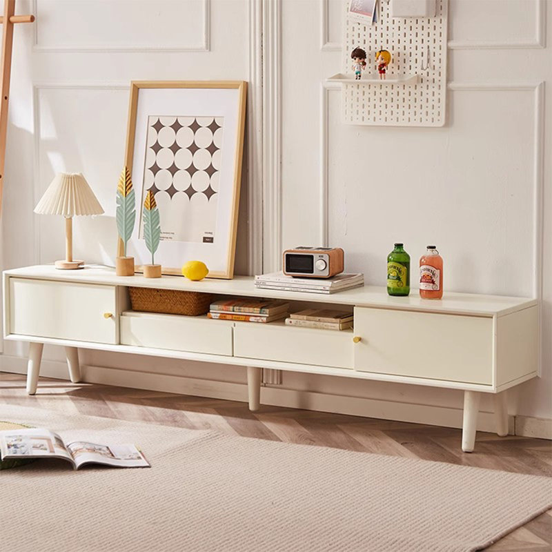 Meuble télé beige en bois massif, H 16,34 po x L 62,99 po x l 11,81 po