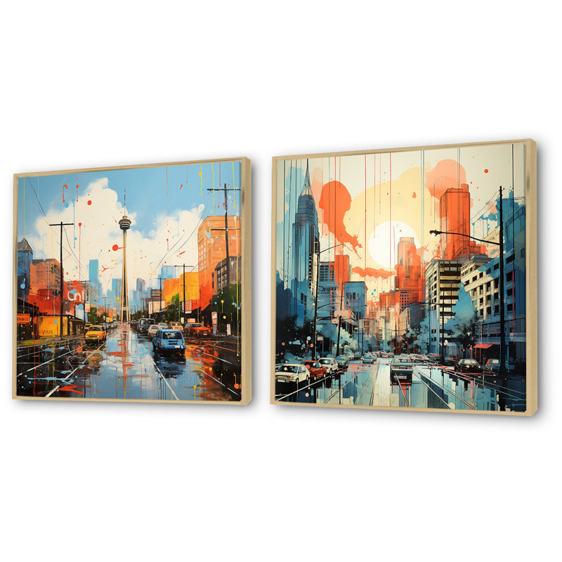 Paysage urbain d'Atlanta, coucher de soleil I - ensemble de salon d'art mural d'Atlanta, 2 pièces, Cadre flottant brun