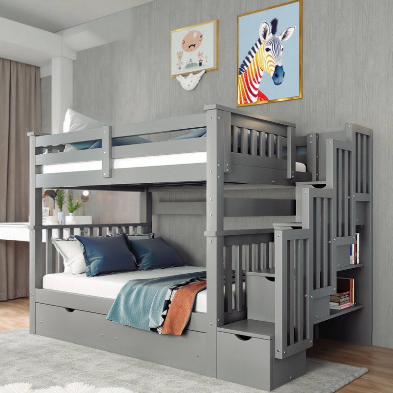 Lit superposé double au-dessus de double avec 6 tiroirs de rangement Modern, Gris