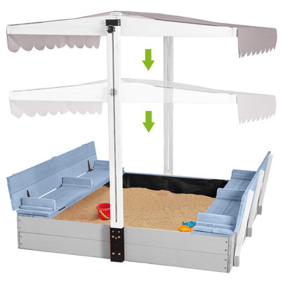 Kids Wooden Outdoor Sandbox w/Canopy, 2 Foldable Bench Seats, Retractable Roof Sand Protection Liner 47x47-Inch