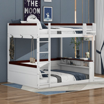 Queen Size Wooden Bunk Bed With Built-In Shelves,Storage Box, LED Light And USB Charging Station