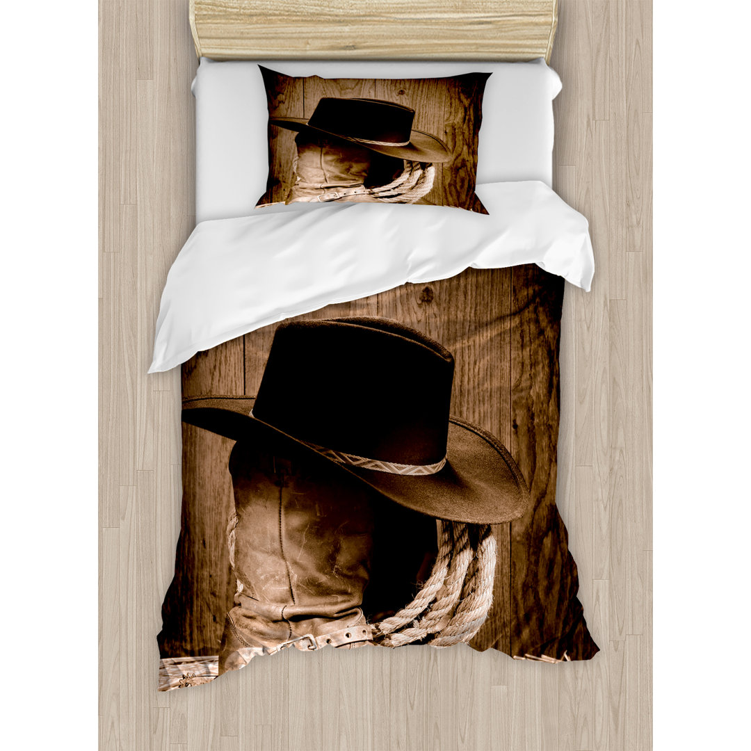 Western Wild West Themed Cowboy Hat and Old Ranching Rope On Wooden Display Rodeo Style Duvet Cover Set Ambesonne 