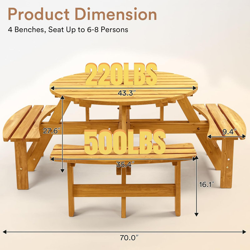 Table de pique-nique ronde en bois avec bancs intégrés, 8 personnes, Naturel