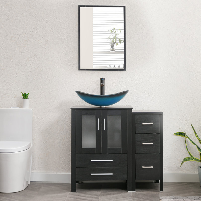 Base color：WhiteSink color：Gold 36'' Free Standing Single Bathroom Vanity with Manufactured Wood Top, Vessel Sink, Faucet, Drain