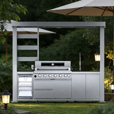 Îlot de cuisine pour barbecue 108 pouces à 6 brûleurs et 85 000 BTU de luxe avec cuisinière à gaz en acier inoxydable pour barbecue, réfrigérateur à vin compact, rôtissoire et comptoirs en granite, armoires et tiroirs de rangement