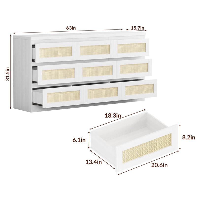  9 Drawer Dresser with Charging Station, Wide Farmhouse Chest for Bedroom or Living Room, White