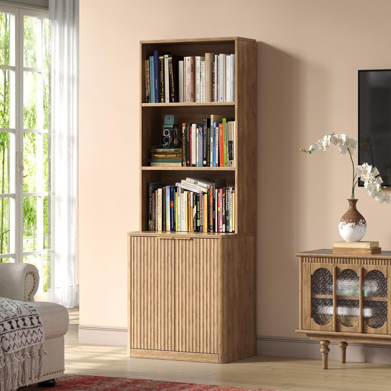 71" Oak Bookcase With Doors, 5-tier Fluted Tall Bookshelf With Storage For Home Office, Living Room, Beige