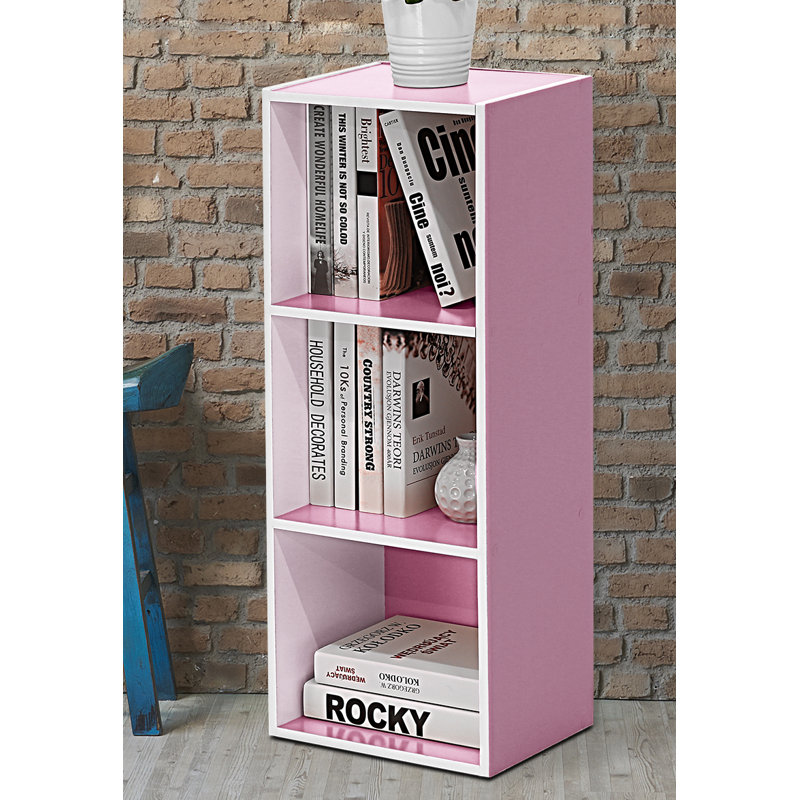 Bessan Standard Bookcase, (3 Shelves) 32" H x 12" W x 10" D, White/Pink