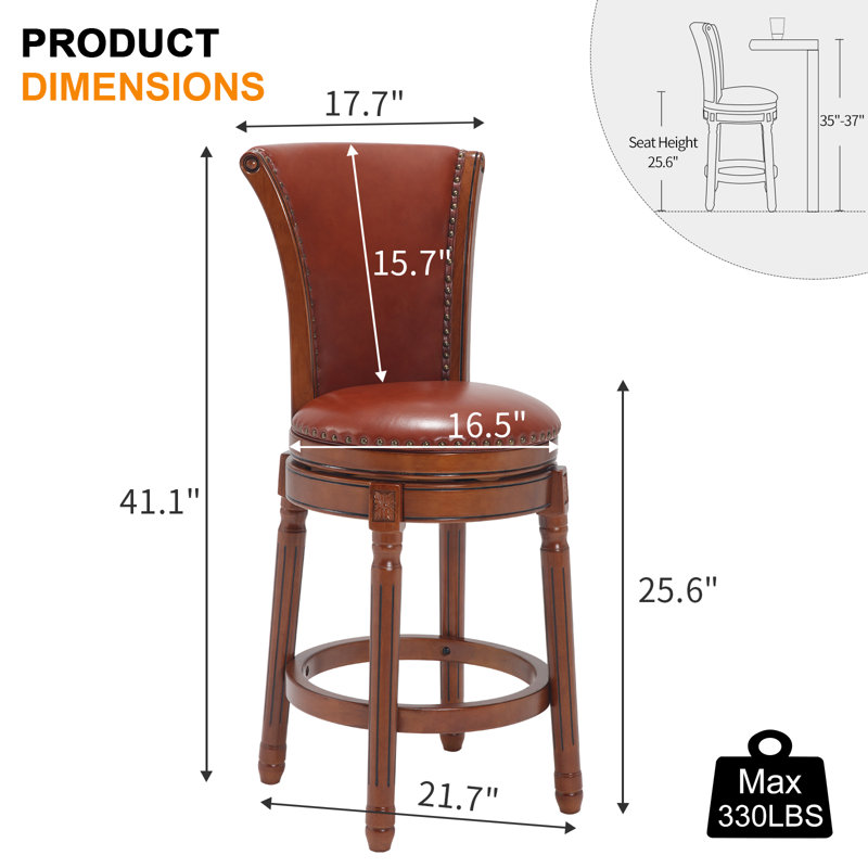 High Back Swivel Bar Stools with Full-Grain Genuine Leather Upholstered Seat & Solid Wood Footrest, Counter Bar Stool for Kitchen Island & Pub