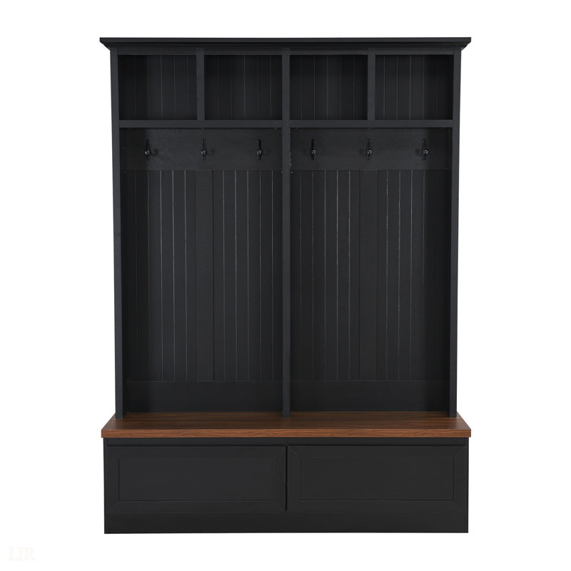 Farmhouse 4-In-1 Hall Tree With Wood Grain Bench, Mudroom Organizer, 2 Large Drawers, And 6 Hooks, Black, 55.9/