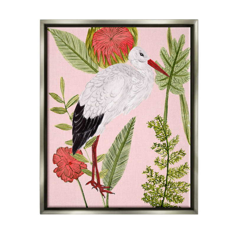 Giclée d'oiseaux botaniques roses par Melissa Wang, Cadre flottant gris lustré, H 21 po x l 17 po x P 1,7 po