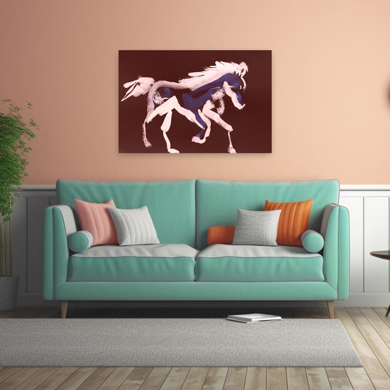 Cheval bleu galopant, impression abstraite, cheval moderne, 32" H x 48" W