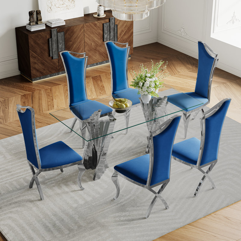 Ensemble repas, Argent argent, Bleu / argent, 7 pièces : table, 6 chaises