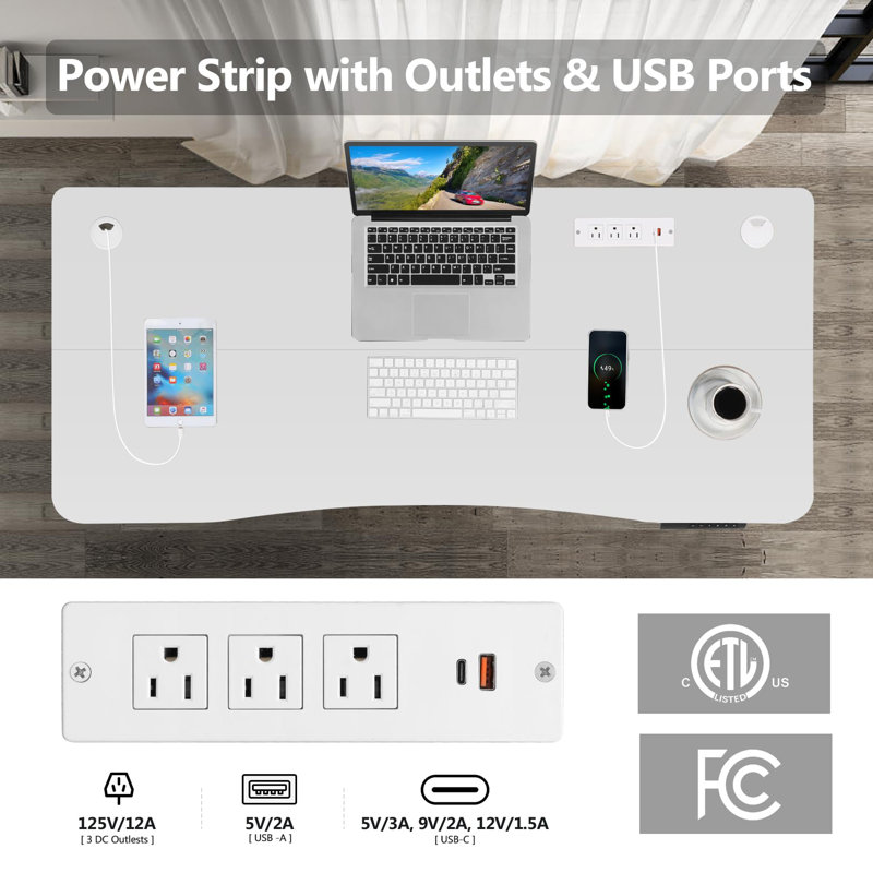 Masakazu Height Adjustable Standing Desk with Built-in Outlets,4 Lockable Casters, 2 Hooks, White, 46" H x 48" W x 24" D