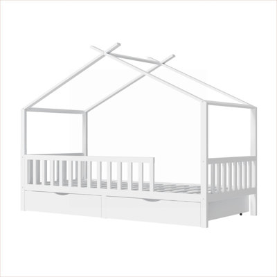 Solid Wood Soft White Full Size Platform Bed with Under-bed Storage Drawers, House Frame Design for Kids and Teens Bedrooms