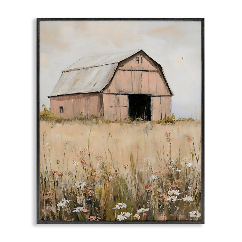 Peachy Barn Landscape, estampe numérique, design par Franklyn Gregory, H 14 po x l 11 po, Giclée encadrée noir minuit