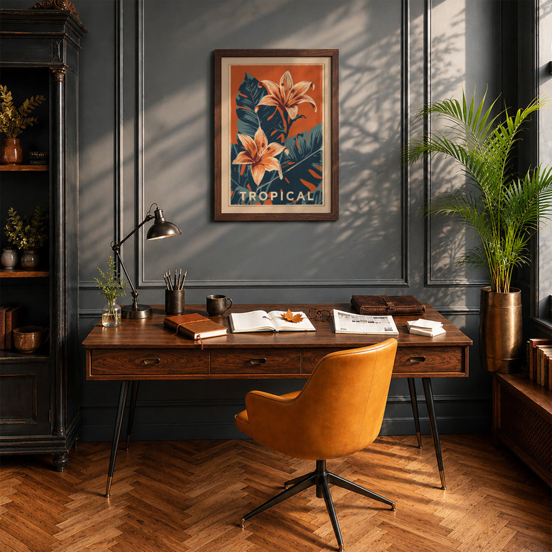 Tropical Lilies Art Deco - Print, Walnut, A3 - 42.0 x 29.7 cm