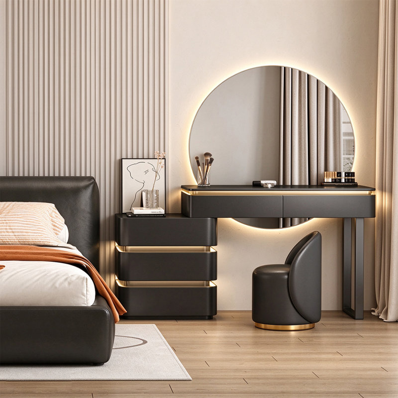 Coiffeuse 27,56 po moderne noir minimaliste avec grand miroir rond, 30.71" H x47.24"W x 15.75" D