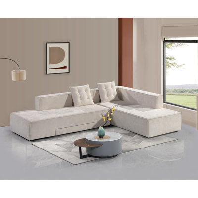  110" Wide L Shape Comfy Sectional Couch, Sofa, Convertiable Bed, Sleeper, W/Wooden Tray, Wooden Table, Two Pillows, 9081 Beige