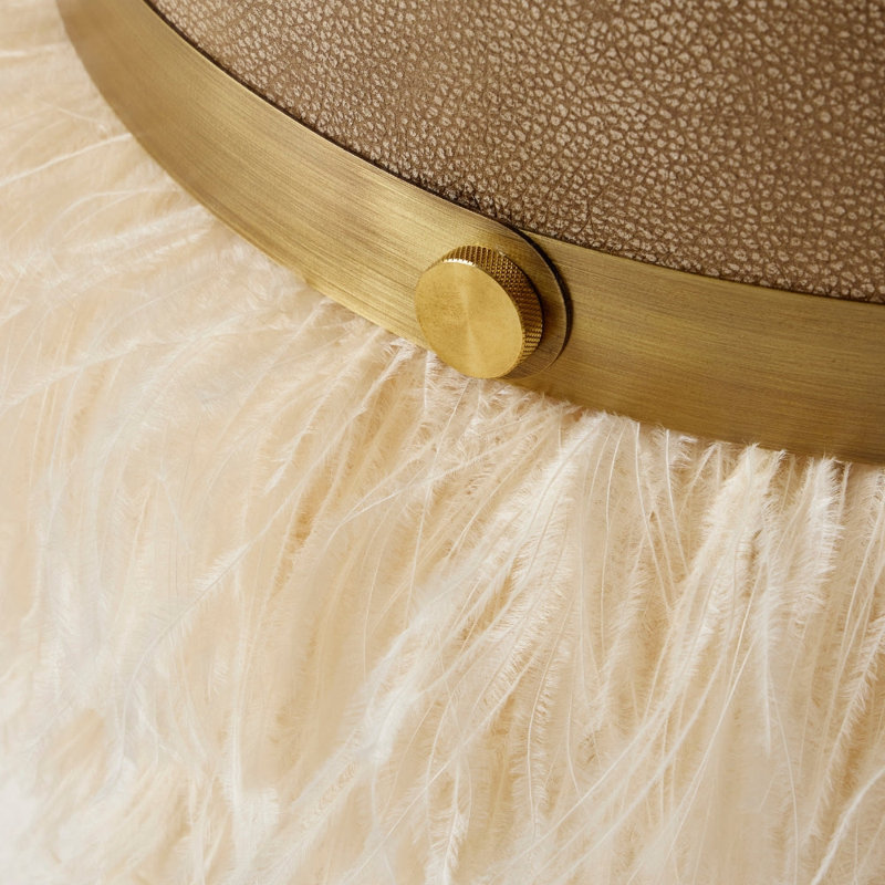 Leather Ostrich Fluff Pouf, Taupe/Cream