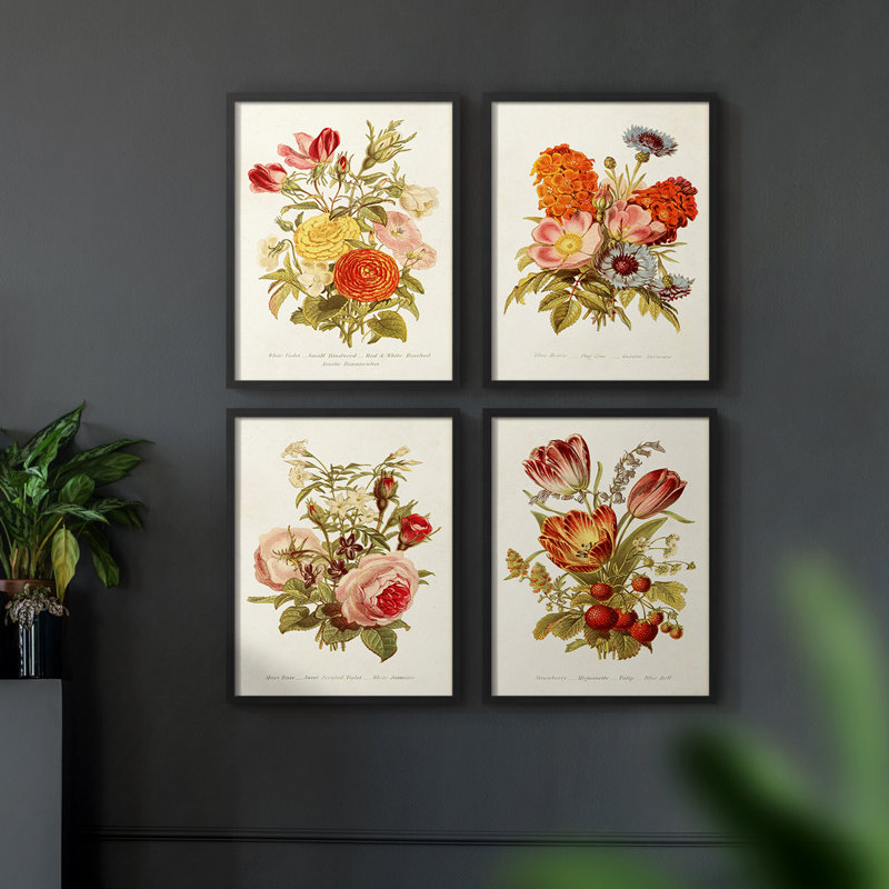 «Antique Floral Bouquet I», ensemble de 4, H 44 po x l 14 po, Noir