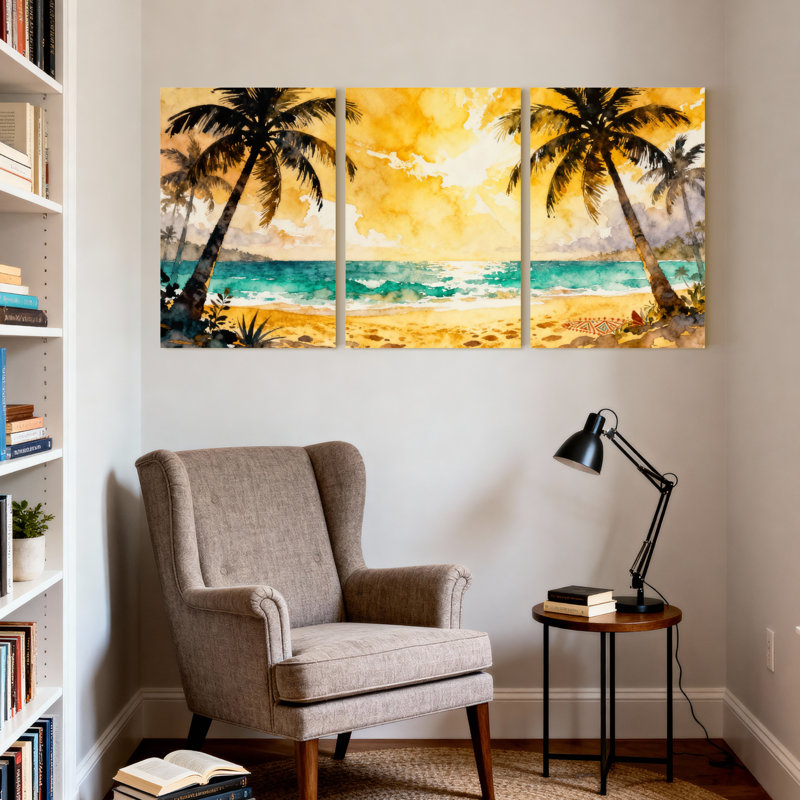 Palmiers, plage tropicale, palmiers, coucher de soleil, océan, vagues, ciel de sable, ensemble de 3 impressions sur toile