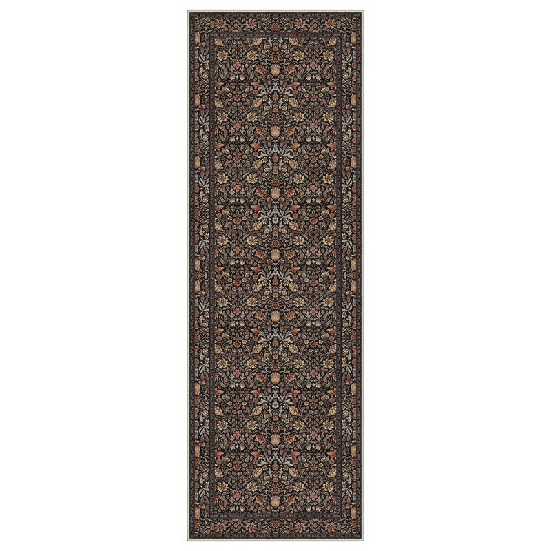 Verona Vintage Floral Machine Washable Black Indoor Area Rug with Non-Slip Backing, Runner 2' x 6'