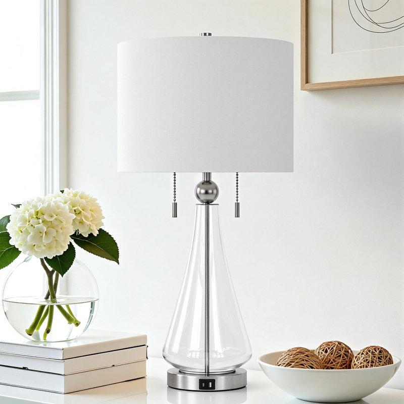  Aadyn 28" Modern Glam Glass Table Lamp USB Charging Pull Chain Soft Lighting for Bedroom Living Room, Polished Nickel