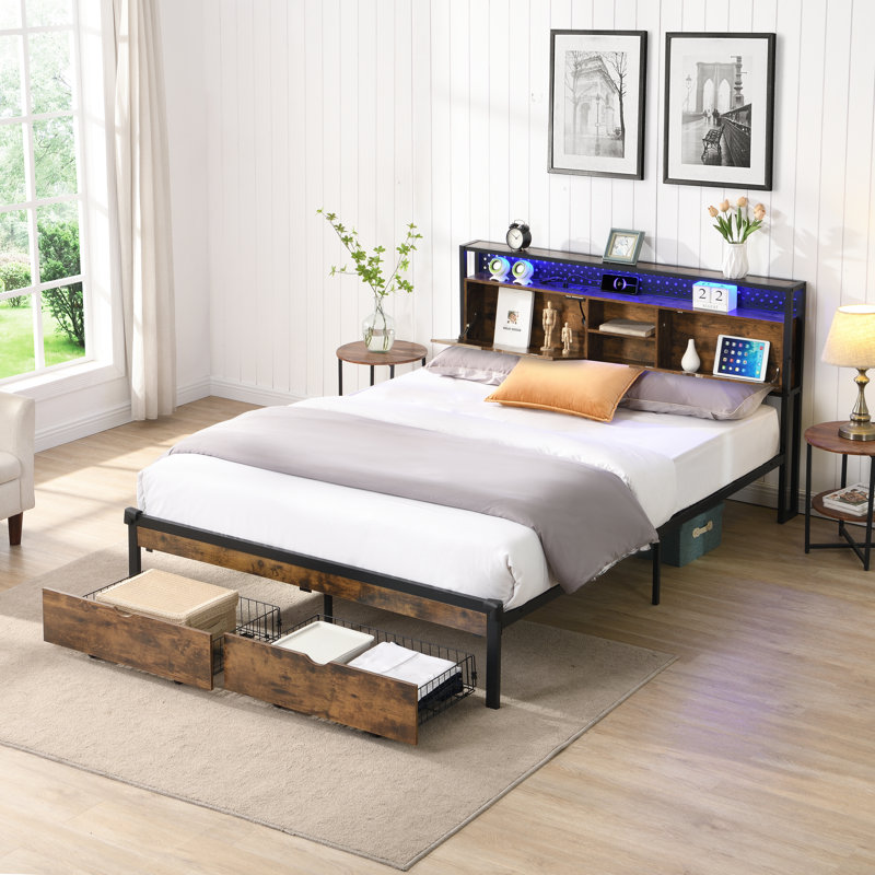 Lit plateforme en métal: tête de lit en bois, pied de lit USB, charge, 2 tiroirs, Grand lit