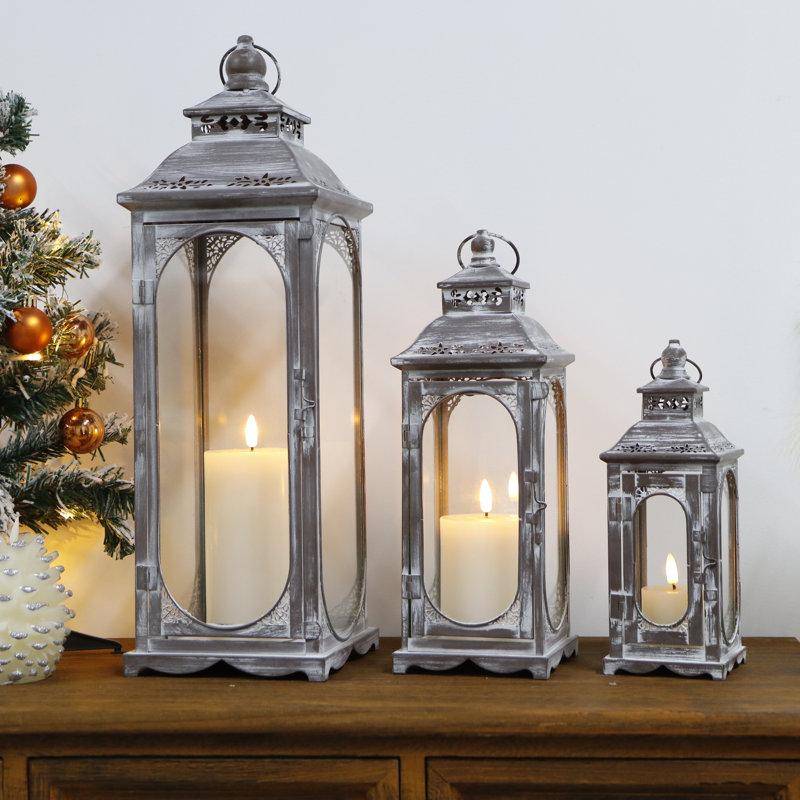 3PCS Vintage Candle Lanterns 10/14/19.5''H, Grey