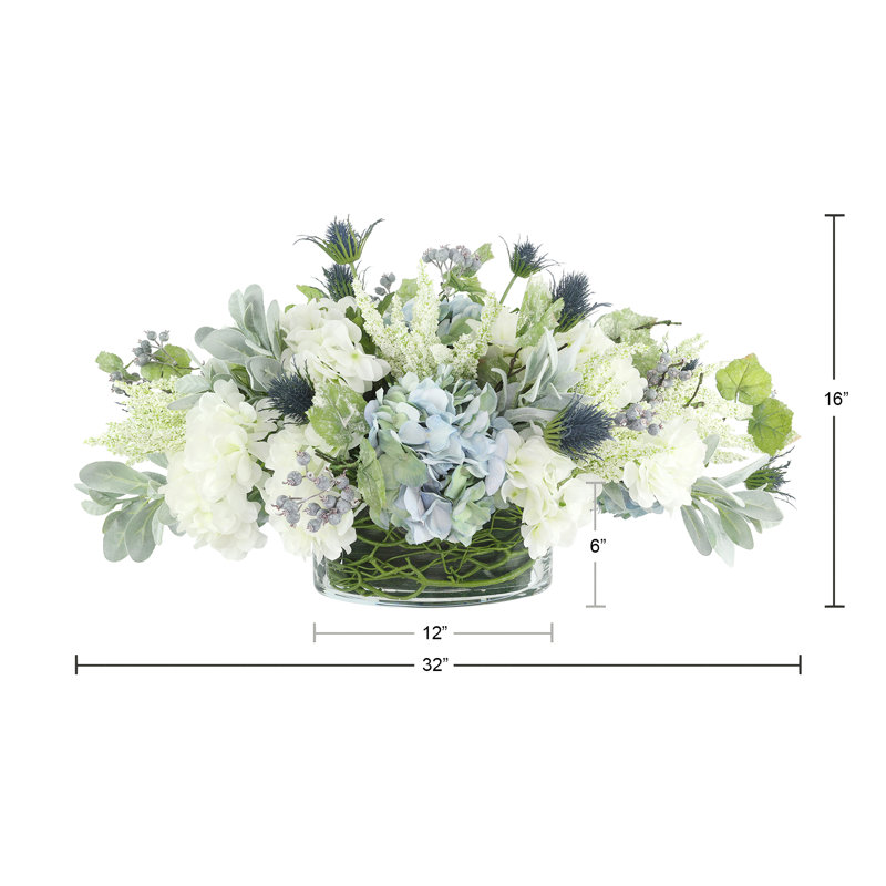 Mixed Floral Arrangement with Hydrangeas, Thistle and Protea, 19" H x 35" W x 20" D