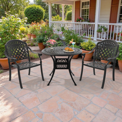Ensemble de salle à manger d'extérieur rond pour 2 personnes, mobilier de patio 3 pièces en fonte d'aluminium avec chaises rembourrées rouges
