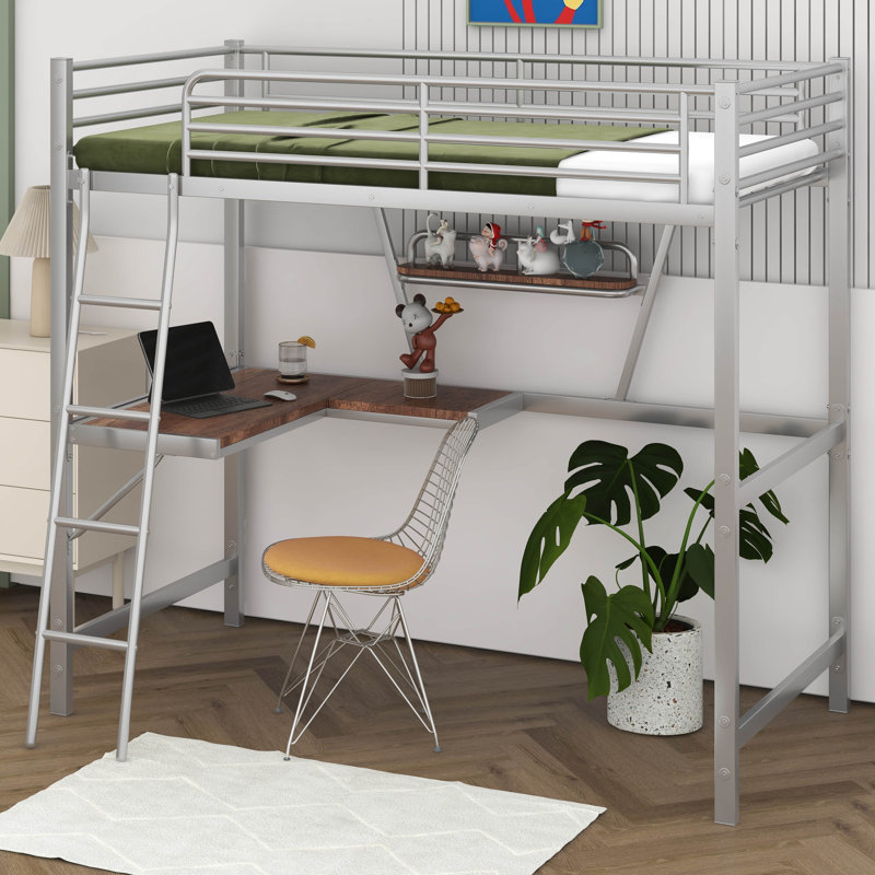 Lit mezzanine simple en métal et panneau de fibres à densité moyenne avec bureau et tablette, Argent