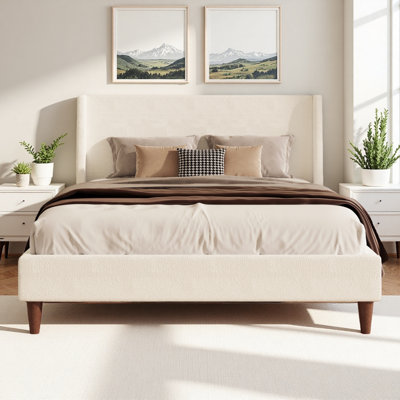 Wingback Upholstered Bed with Walnut Legs