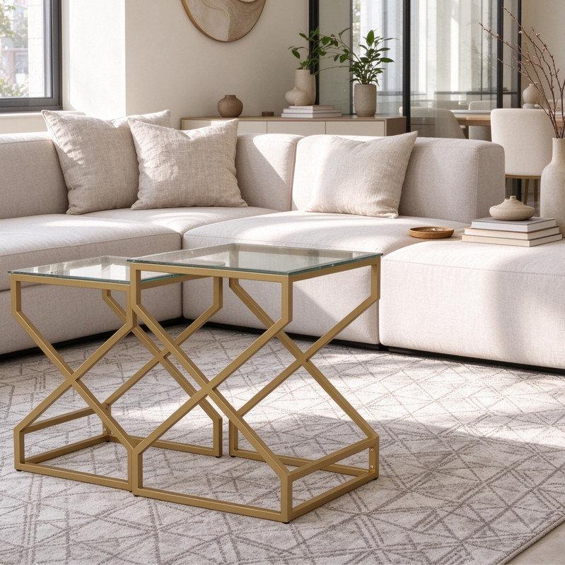 Clear Glass Nesting End Table Set, Golden Leg Accent Tables for Contemporary Interior Spaces