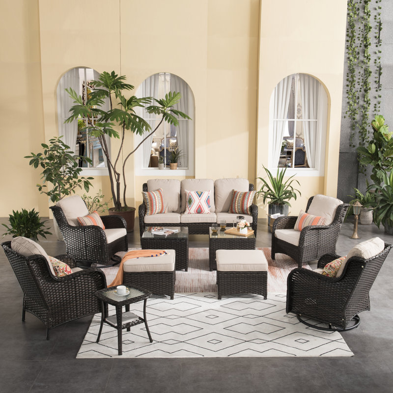 Guilen Wicker/Rattan 7- Person Seating Group With Swivel Chairs and Cushions, Brown, Beige